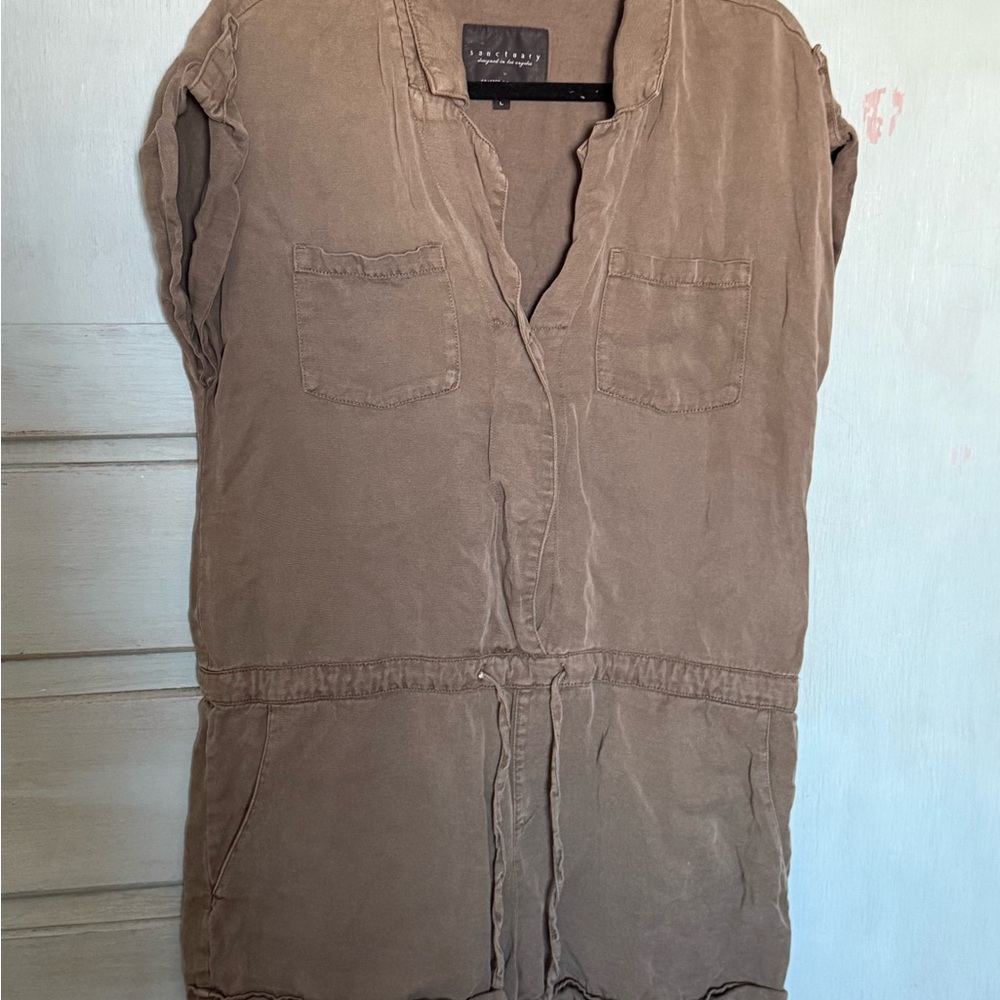 Sanctuary ANTHROPOLOGIE‎ Olive Green Romper Size L Cinch Waist Cargo Shorts